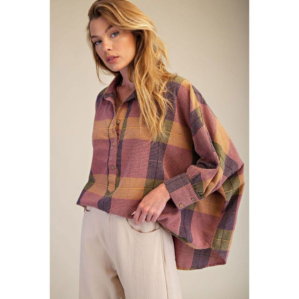 K73 Dolman Sleeve Paid Color Block Button Front Top - Rose - Purple